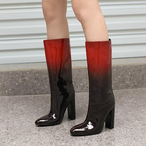 Winter Gradient Color Women Calf Height Boots Fashion 11CM Square Root Round Toe Ladies Long Boots Loose Straight Pull on Boots