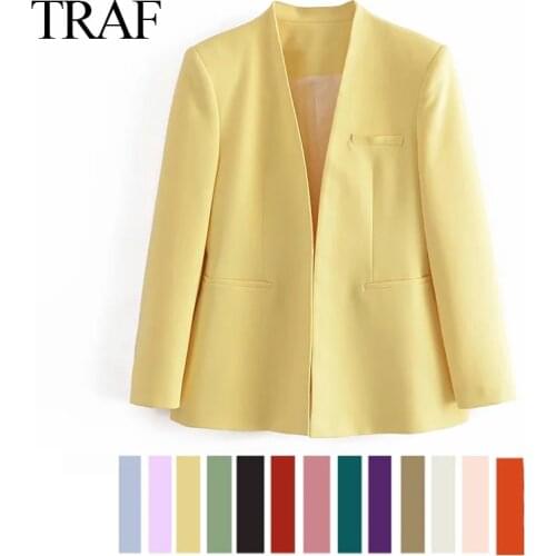 TRAF ZA Blazers Girl Women New Fashion Blazer Simple Solid Color Green Orange Long Sleeve Womens Jcket Office Lady Formal Coat