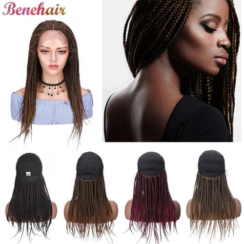 Benehair 20inch Synthetic Braided Wig Black Wine Red Brown Lace Front Wig With Baby Hair Box Braids Wigs For Women Daily Use