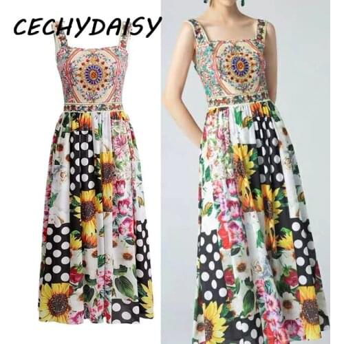 Runway Dress 2021 Spring Summer Women Clothes Sunflower Dot Floral Printed High Waist Beach Boho Spaghetti Strap Maxi Dresses Za