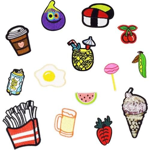 Food Drink Mix Patches Applique Fruit Patch for Clothes Jeans Transfer Iron Embroidered Wallets Patches for Clothing Jacket 1PCS