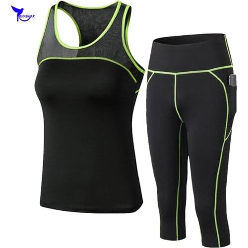 2020 Vest+Capri Tights 2 Pcs Yoga Set Women Fitness Gym Clothes Breathable Mesh Running Sport Suit High Waist Elastic Sportswear
