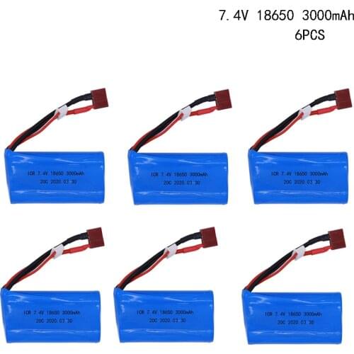 6PCS 7.4V 3000mah 18650 T Plug Lipo Battery for Wltoys 12428 12401 12402 12403 12404 12423 FY-03 FY01 FY02 rc toys battery parts