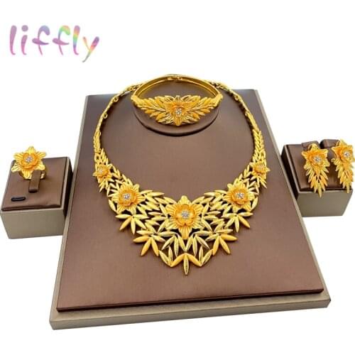 African Bridal Dubai Gold Jewelry Sets for Women Charm Indian Necklace Bracelet Ring Earrings Nigeria Wedding Jewelry Set