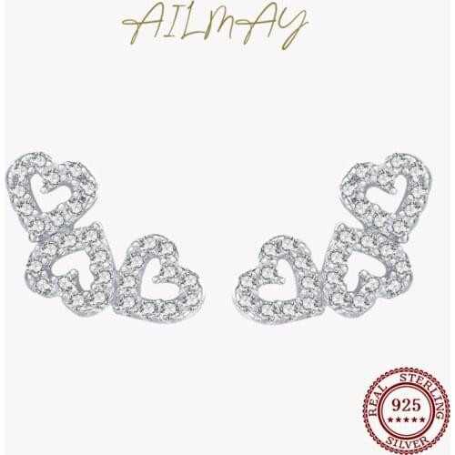Ailmay Genuine 925 Sterling Silver Minimalism Heart Stud Earrings Clear CZ For Women Wedding Engagement Jewelry Bijoux Earring