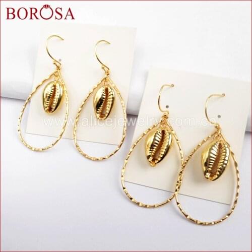 BOROSA 5Pairs Full Gold Color Natural Shell Teardrop Dangle Earring Cowrie Shell Charm Earrings Jewelry Special Gifts G1584