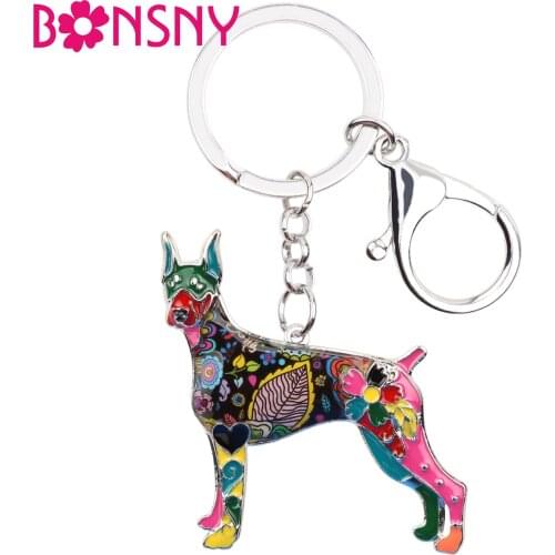 Bonsny Statement Enamel Alloy Doberman Dog Key Chain Key Ring Jewelry For Women Girls Gift Pendant Car Key Holder 2018 Hot Charm