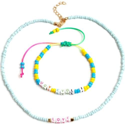 New Bohemian Colorful Seed Bead Letters Choker Rainbow Necklace Statement Short Collar Clavicle Chain for Women Girl Jewelry