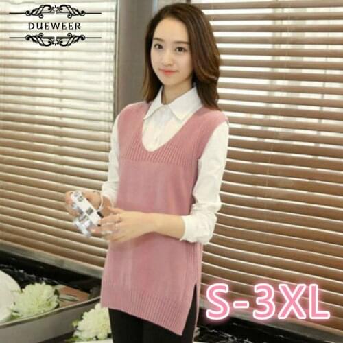 DUEWEER Sweaters Knitted Vest Womens Plus Size V-neck Long Solid Side-split Korean-style Baggy Casual All-match Women Sweater