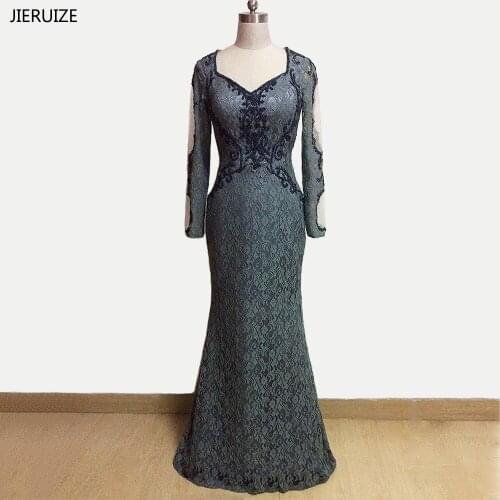 JIRUIZE Grey Lace Beaded Long Sleeves Mermaid Evening Dresses V-neck Formal Dresses Mother of the Bride Dresses