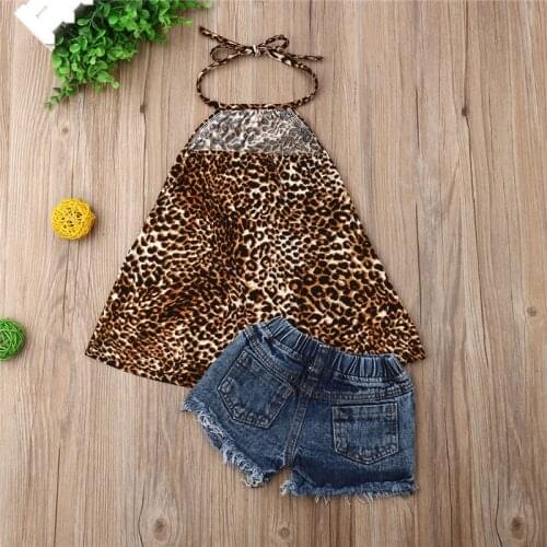 2021 2Pcs set Newborn Kids Baby Girls Leopard Print Sleeveless Halter Tops and Hole Jeans Shorts Outfits Clothes set,1-6years