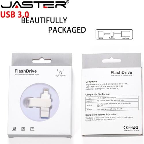 JASTER pen drive 3.0 usb flash drive for iphone OTG 2 in 1 16GB 32GB 64GB 128GB 256GB mini usb stick pen Drive pendrive gift