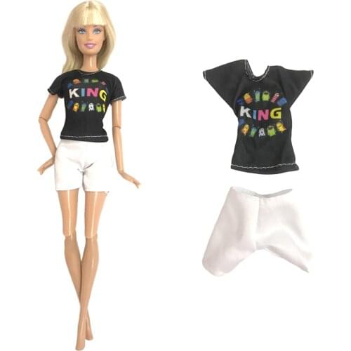 NK 1 Pcs Doll Black Suit Black Shirt White Shorts Fashion KING Pattern Casual Outfit For Barbie Accessories Doll Toys 11A