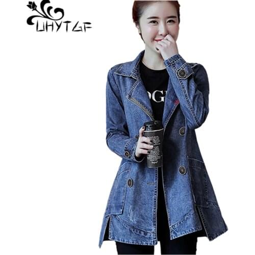 UHYTGF Casual Denim Jacket Women Coat Top Spring Autumn Jeans Jacket Women Clothes Double-Breasted Female Blue Plus Size Coat 68