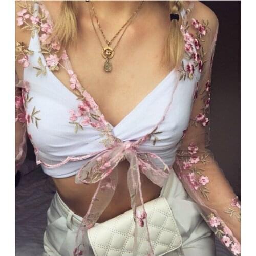 Summer Women Blouses Fashion Transparent Floral Embroidery Lace Up Bandage Pink Floral Crop Tops Blouse