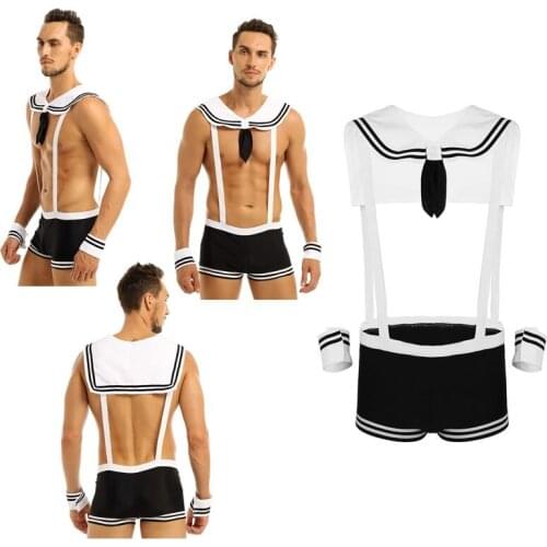 MSemis Mens Lingerie Sexy Sailor Cosplay Costume Overalls Erotic Roleplay Underwear Set Suspenders Boxer with Collar Cuffs