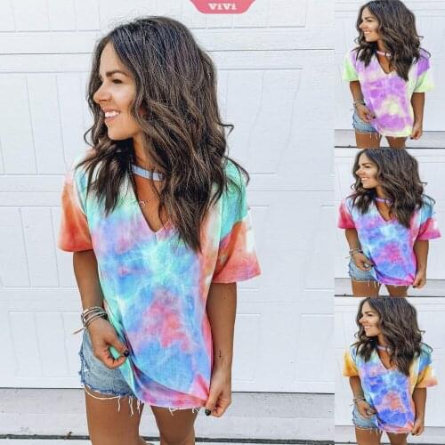 2021 Summer New Womens V-neck Pullover Short-sleeved T-shirt Tie-dye Printing Fashion Loose Ladies Blouse