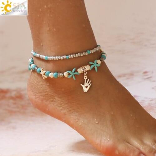 CSJA Trendy Anklets for Girlfriend Double Beaded Starfish Shell Heart Hand Charms Anklet Summer Foot Chain Jewelry Cheville F892