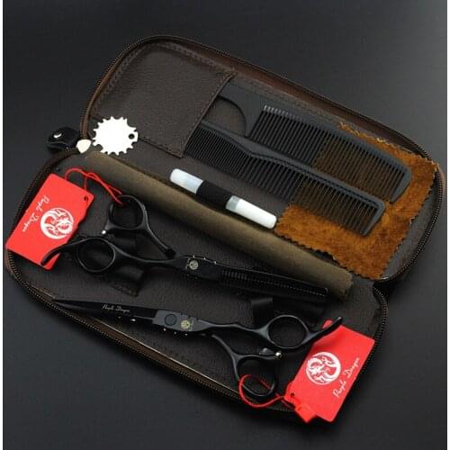 538# 6'' Brand Purple Dragon 4Pcs Suit Black Hairdressing Scissors 440C Barbers Cutting Scissors Thinning Shears Hair Scissors