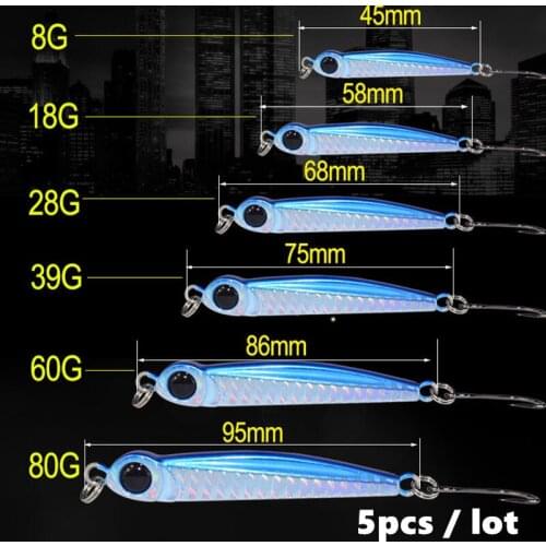 Fishing lure big eyes 5pcs lot Metal Hard fish bait Sea Jigging 8g 45mm 18g 6cm 28g 7cm 40g 7.5cm Winter Ice minnow luminous