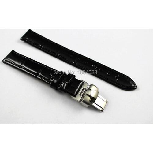 14mm (Buckle14mm) T02 High Quality Silver Butterfly Buckle + Black Genuine Leather Watch Bands Strap Woman