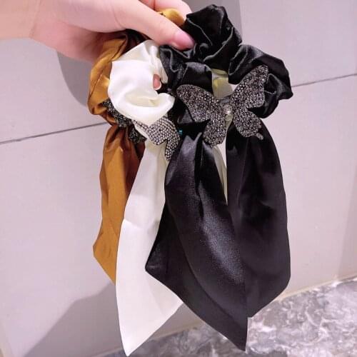 Elegant Large Ribbon Bow Hair Tie Elastic Hair Bands Fabric Scrunchies Rhinestone Butterfly Jewelry Headpiece for Women Girls
