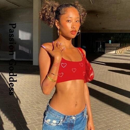 Sexy Cute Women Love Heart Rhinestone Camis Tops Sleeveless Slim Red Bustiers Bralette Camisole Hot Drilling Glitter Crop Tops