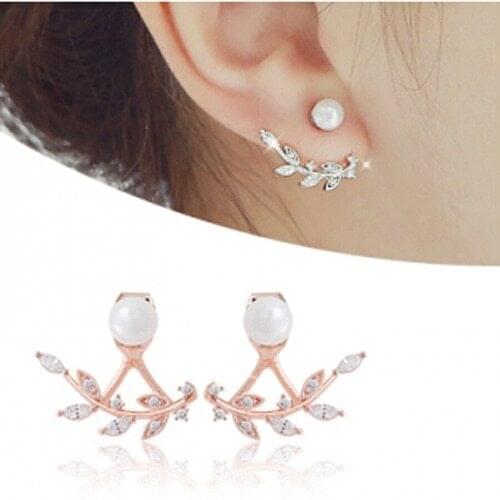 S925 Sterling Silver Stud Earrings with Fashion Leaf Rhinestone Pearl Back Hanging Stud Jewelry Accessories for Women Gifts