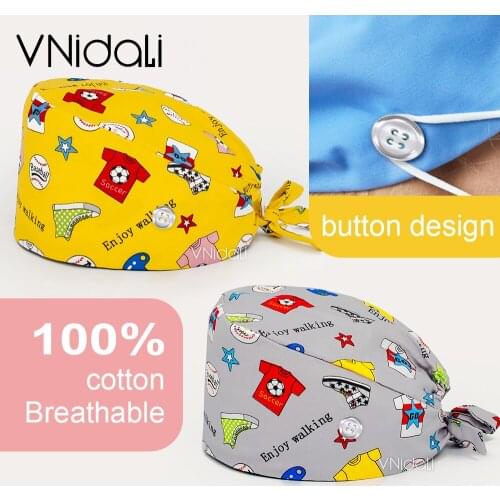 Football print nursing hats work cap woman Clearance Pattern Scrub Cap Printing Working Hat Women Men Beautician Dust Chef Caps