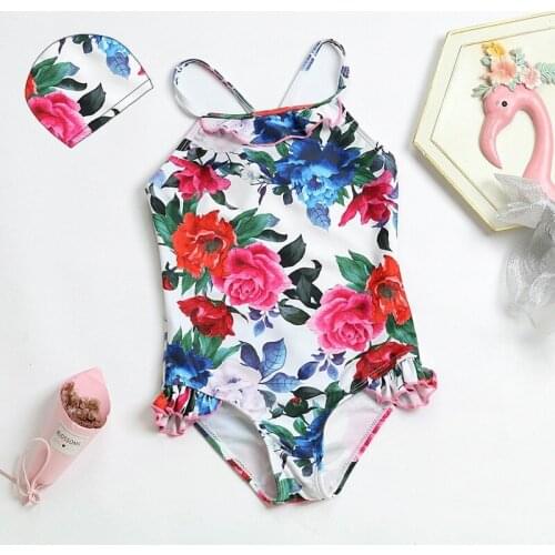 Floral Print Girl One Piece Swimsuit 2021 Summer Girls Kids Swimwear Children Ruffle Beachwear Kid Swimming Suit Monokini 1-6Y