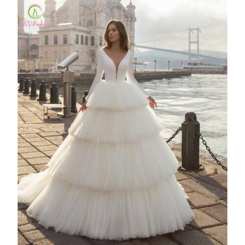 SSYFashion New White Pricenss Wedding Dress Bride Married V-neck Long Sleeve Tiered Cake Ball Gown Plus Size Vestido De Noiva
