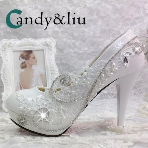 White Lace Flower Wedding Shoes Super High Heel Round Toe Women Crystal Pumps with Platform for Party Banquet Evening Dress