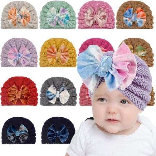 Knitted Baby Turban Hat Big Bows Infant Cap Beanies Autumn Winter Warm Solid Color Newborn Toddler Caps Bonnot For Baby Girl Boy