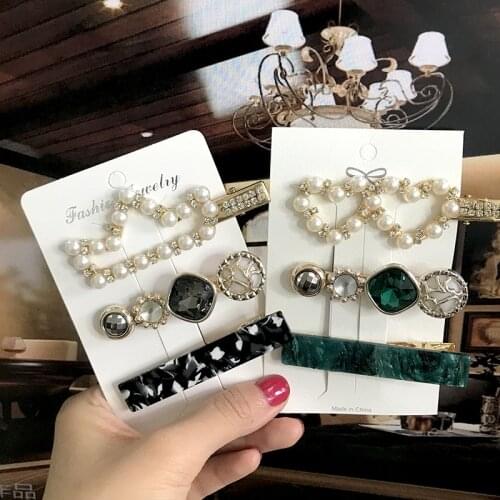 Korean Pearl Crystal Hair Clip Set Sweet Bow Crown Hair Barrettes For Women Girl Vintage Acrylic Geometric Hair Pins Accessories