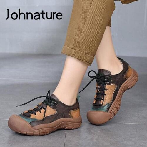 Johnature Platform Sneakers Women Shoes 2021 New Autumn Genuine Leather Mixed Colors Lace-Up Handmade Concise Ladies Shoes
