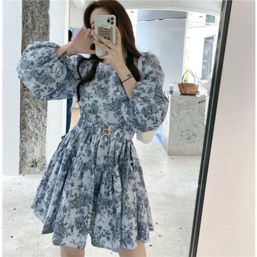 Spring Short Luxury Elegant O Neck Elastic High Waist Flower Print Lantern Long Sleeve Party Dress Women YOU138