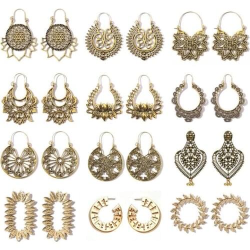 LIMARIO 14 Style Vintage Antique Silver Color Earrings for Women Hollow Carve Flowers Gypsy Tribal Ethnic Dangle Earrings
