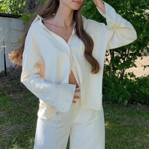 Autumn Long Sleeve White Suits Womens Turn Down Collar Spliced Pocket Casual Top Wide Leg Pants Set Loose Streetwear Women Suit