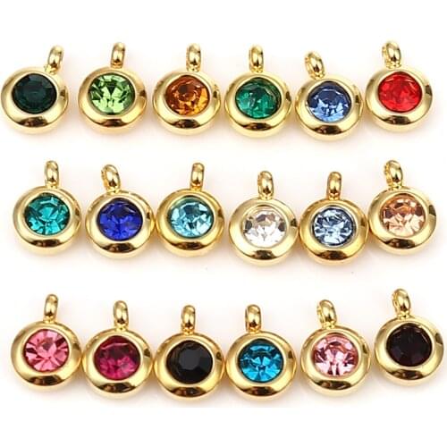2 PCs Stainless Steel & Glass Pendant Charms For Necklace Earrings Making Round Gold Color Birthday Stone DIY Findings 9mm x 7mm