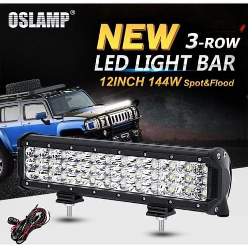 Oslamp 12inch 144W 3-Row Straight LED Light Bar Offroad Combo Beam Led Work Light Truck SUV ATV 4x4 4WD 12v 24v Led Driving Lamp