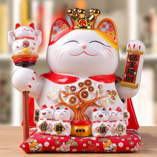 9 Inch Feng Shui Lucky Cat Ceramic Fortune Cat Electric Shaking Arm Beckoning Fortune Maneki Neko Ornament Home Decoration Gift