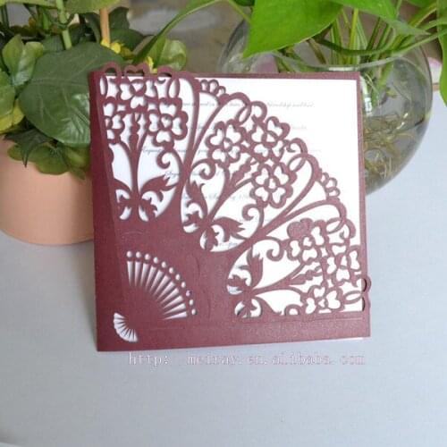 Burgundy/wine red decorative wedding,Chinese traditional element/style wedding invitation cards fan shaped
