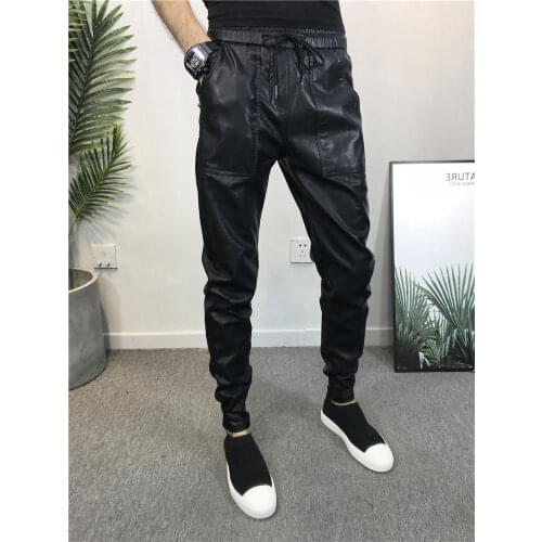 Streetwear Hip hop Pants Men Skinny Faux Leather Pants Plus size Biker Harem Trousers Joggers Black
