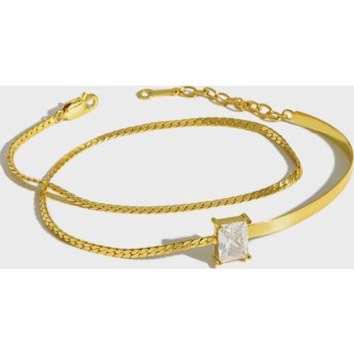 Double Layer 18K Gold Color Genuine 925 Sterling Silver Bracelet Geometric AAAA Cubic Zirconia Womens Bracelets Jewelry YBR203