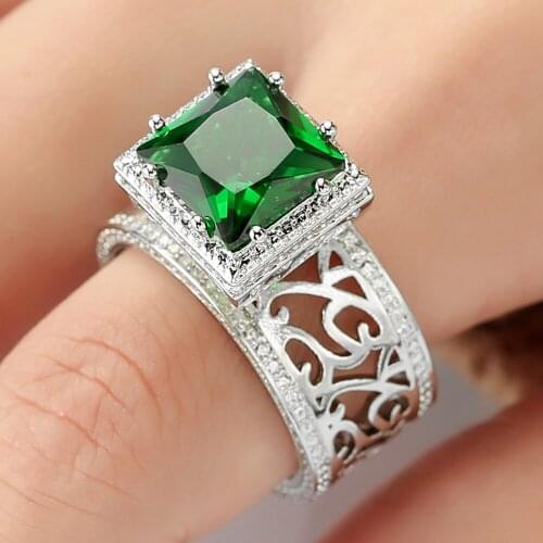 Vintage carving emerald gemstones green crystal rings for women white gold silver color jewelry bijoux bague party accessories