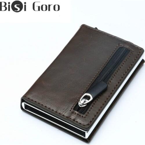 BISI GORO RFID Crazy Horse Leather Men Wallet Rfid Mini Wallet Small Slim Metal Male Purse Thin Walet Money Bag Luxury Vallet