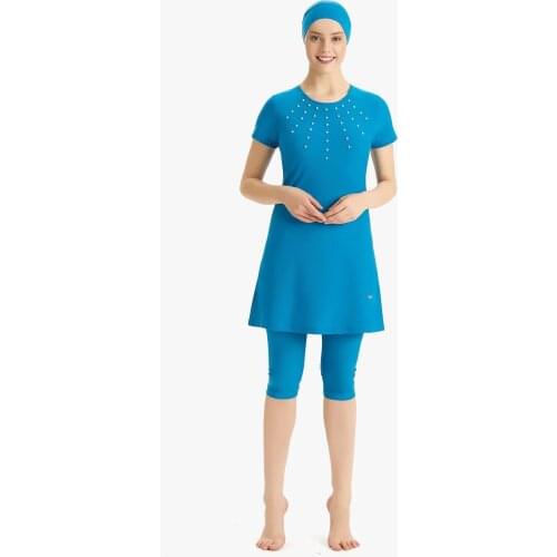 Slim Fit Lycra With Pearls Short Sleeve Half Off Hijab Swimwear 3199 Turkish' Muslim Swimsuit Burkinis Modest Clothing Islamic Long S