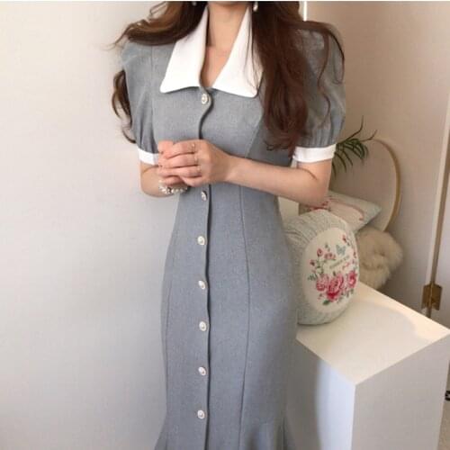 Office Chic Women Summer Vintage Trumpet Mermaid Party Dress Puff Sleeve Single-breasted Elegant New Dresses