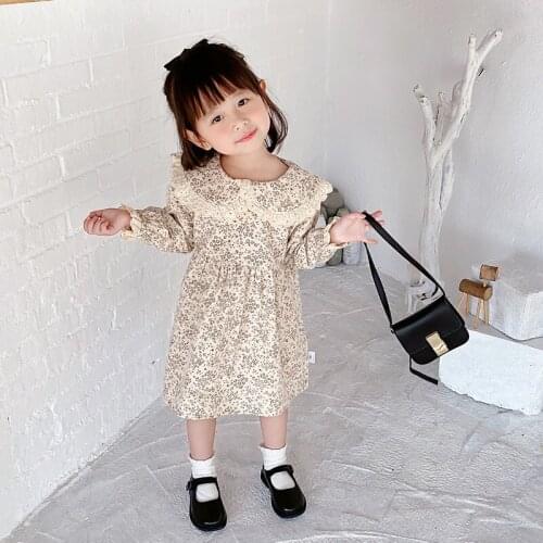 1-7T Toddler Kid Baby Girl Clothes Spring Long Sleeve Floral Dress Elegant Lace Ruffles Collar Sundress Cute Sweet Party Outfit