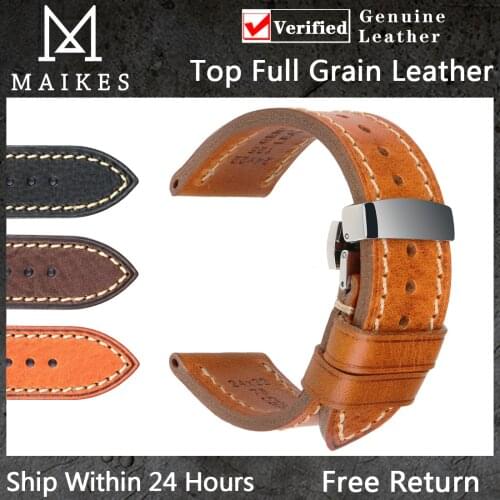 MAIKES Italian Vintage Cow Leather Watch Strap Mens 20mm 22mm 24mm Watch Accessories Butterfly Buckle Watchband